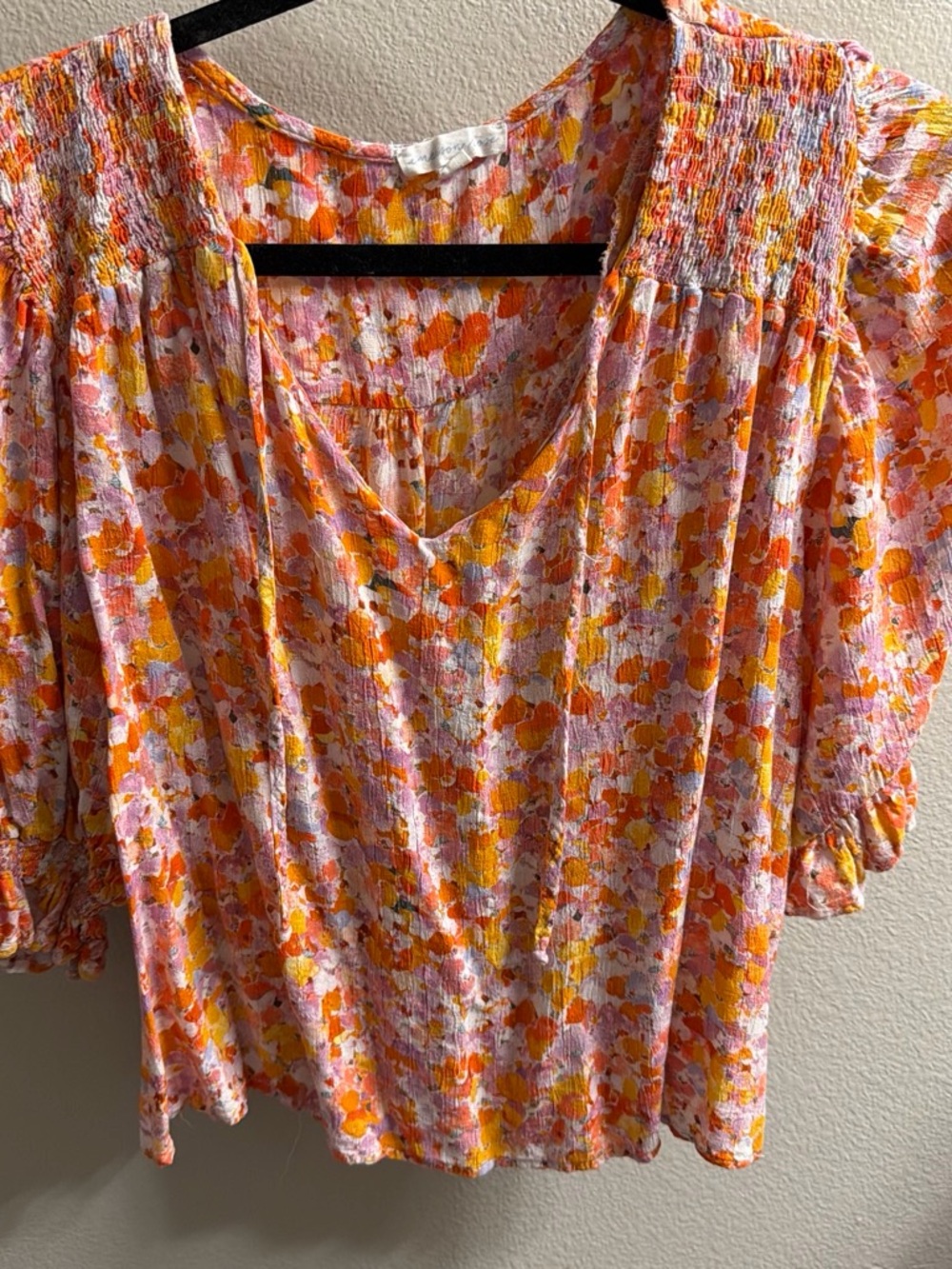 Smocked Shoulder Floral V-Neck Blouse - Pink & Orange - Picture 1 of 2